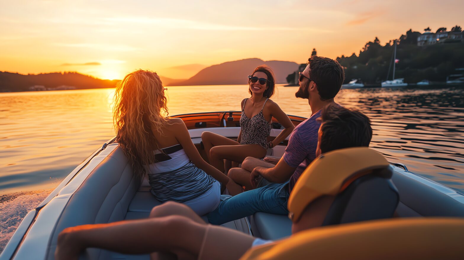 Happy friends on sunset boat